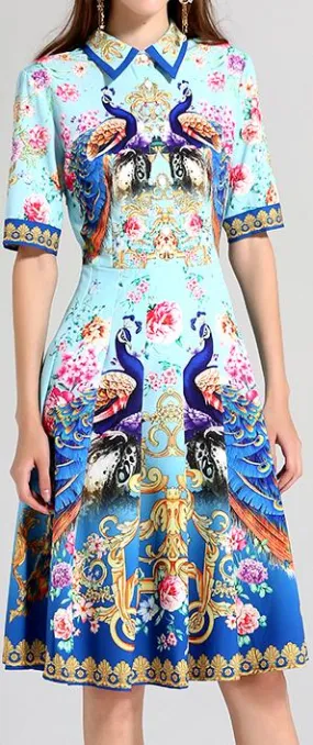 Baroque Parrot Print Shirt-Dress